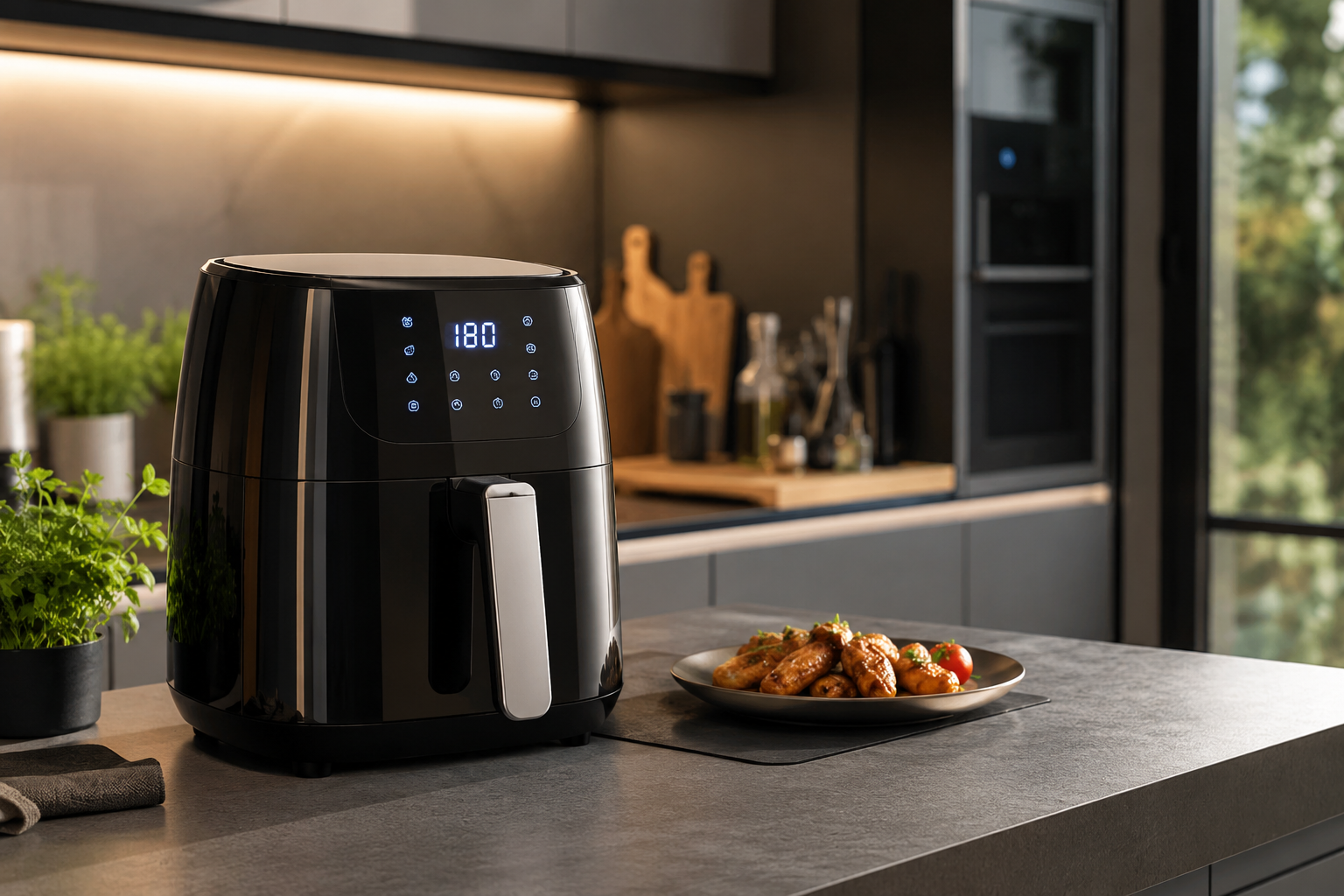 Freidora de aire sin aceite en cocina moderna con alimentos saludables
